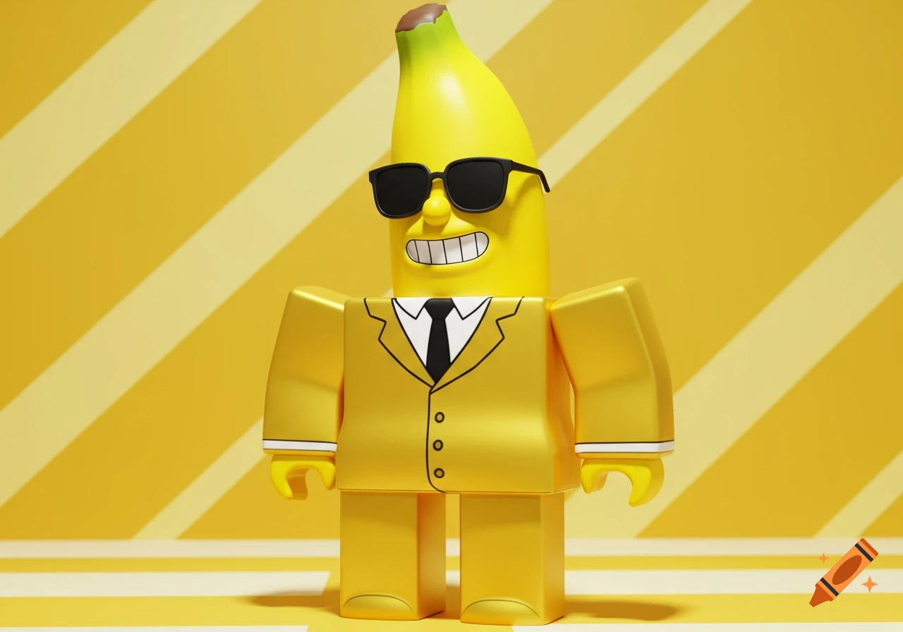 A smiling yellow banana character in a golden suit and black sunglasses, in a cartoon Roblox style on a striped yellow background.
