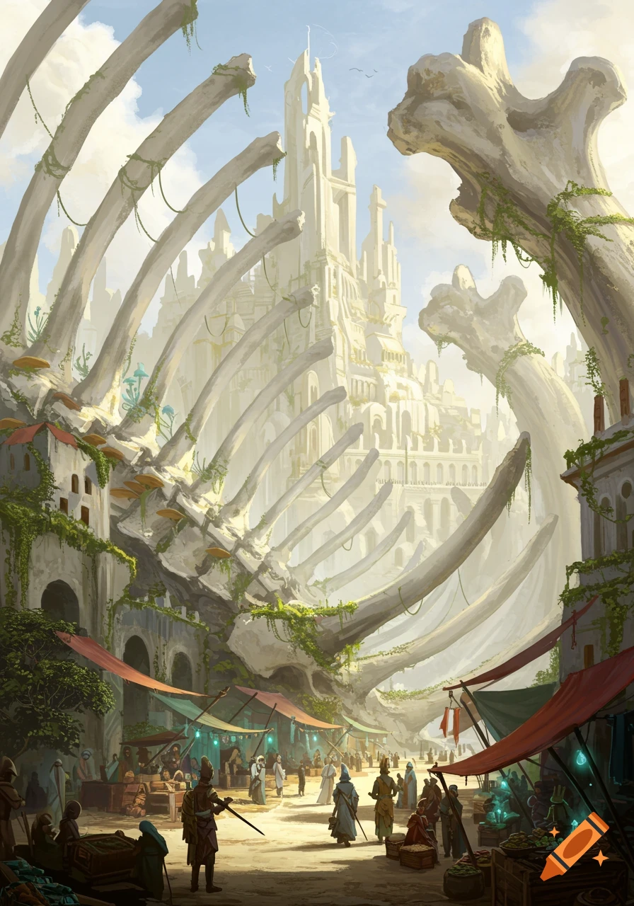 A fantasy city built from giant white bones, with market stalls and people in a bustling street, under a bright sky, digital art.