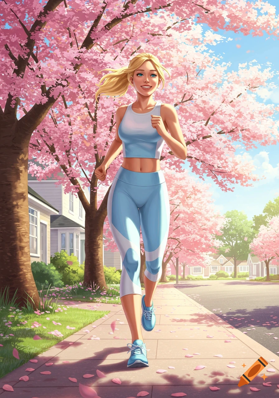 A vibrant illustration of a blonde woman running on a sidewalk lined with pink cherry blossom trees on a sunny day.