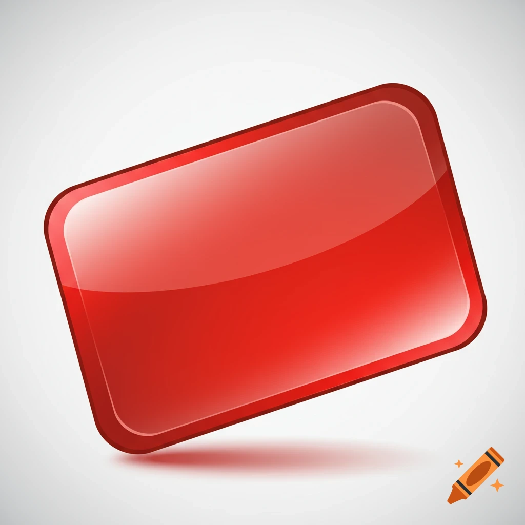 A glossy, rectangular red button graphic with rounded corners, angled slightly, casting a subtle shadow on a light gray background.