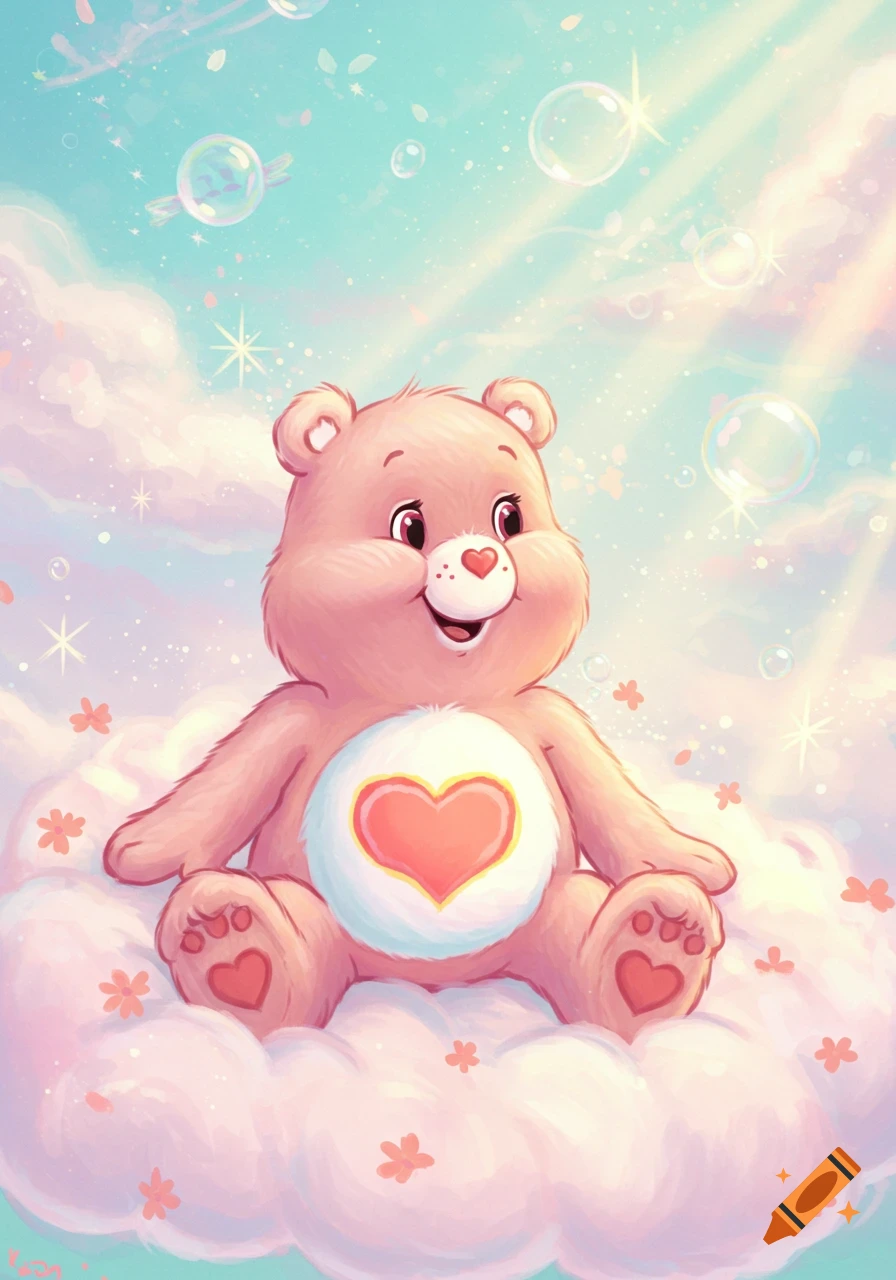 A happy, light pink Care Bear with a heart on its belly sits on a fluffy pink cloud, surrounded by bubbles and sparkling light under a pastel sky.