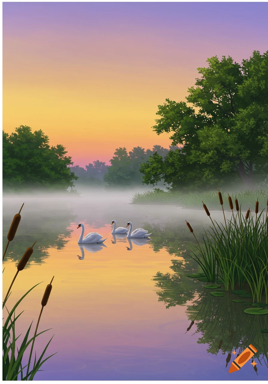 A serene illustration of three white swans on a misty lake at sunset, surrounded by trees and cattails.