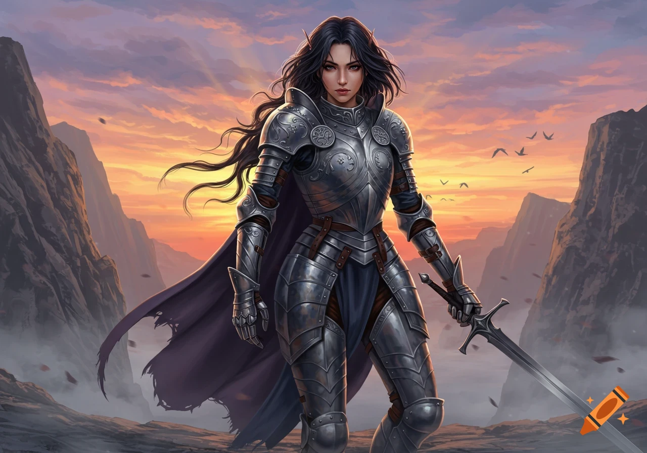 A female warrior in detailed silver armor stands holding a sword, against a vibrant sunset over mountains.