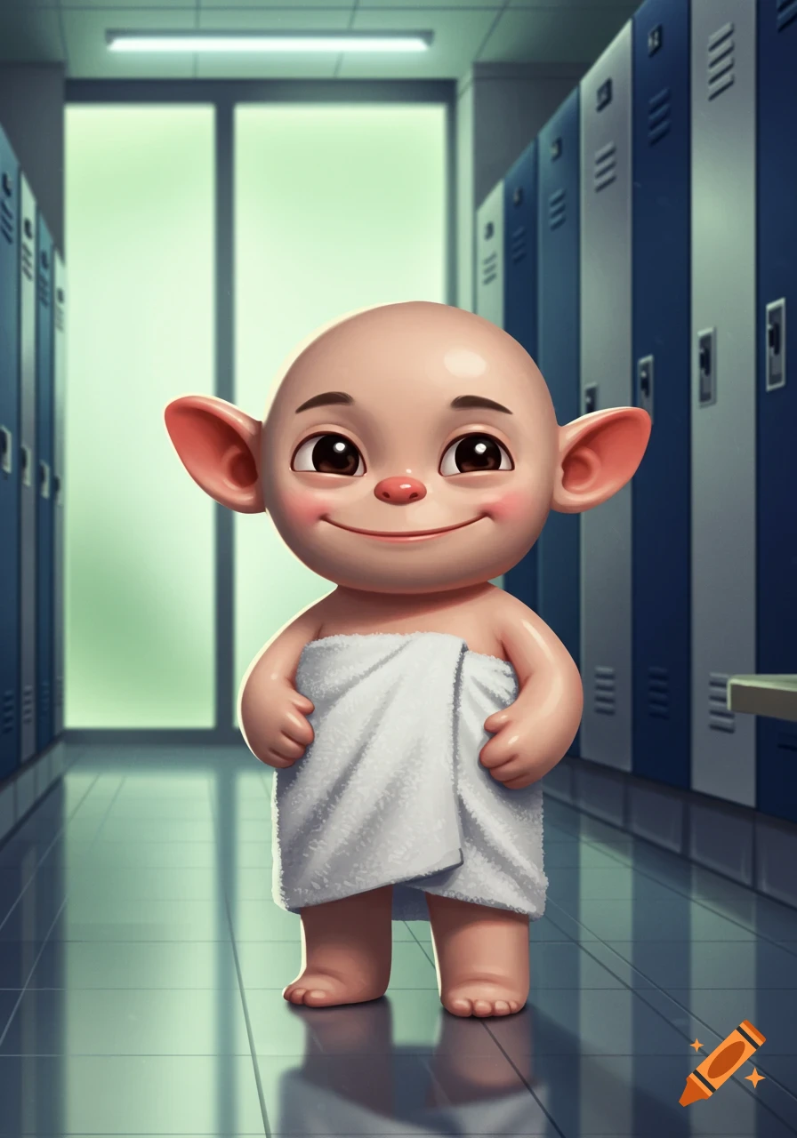 A cute, bald, large-eared cartoon creature wrapped in a white towel stands in a locker room.