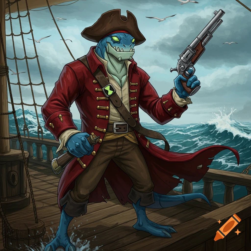 Cartoon Ripjaw from Ben 10 dressed as a pirate, holding a revolver and sword on a ship deck with stormy seas.