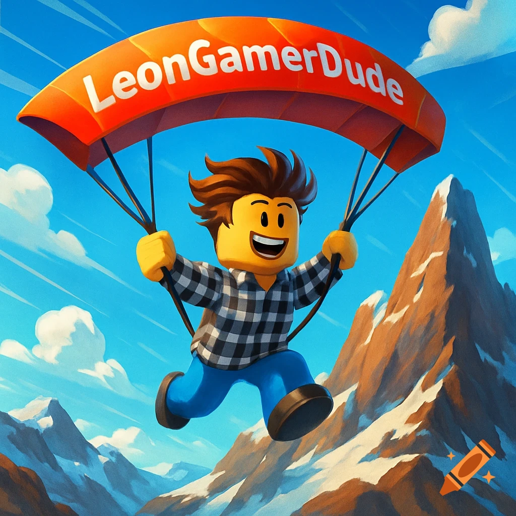 A Roblox character with brown hair, checkered shirt, and blue pants, parachuting with an orange 'LeonGamerDude' parachute over snowy mountains.