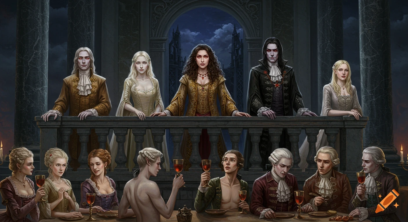Aristocratic vampires on a stone balcony overlook a court in Baroque attire. Oil painting.