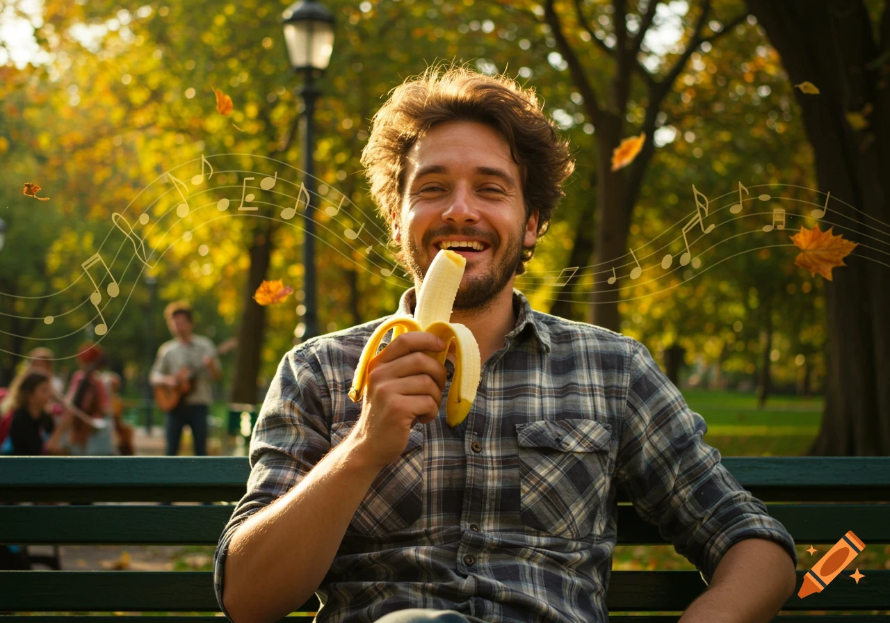 A smiling man sits on a park bench, eating a banana. Musical notes float around him amidst autumn leaves and trees.