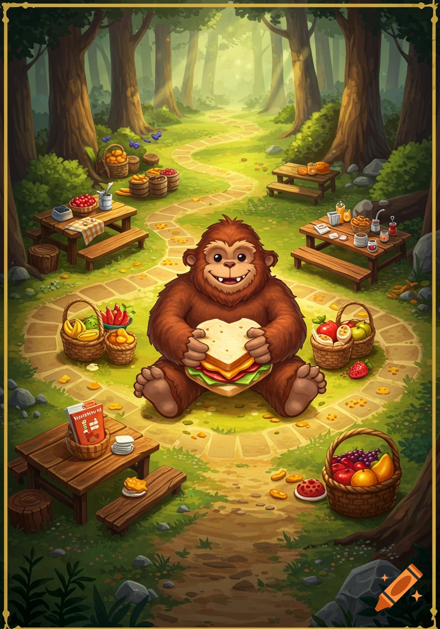 A cute, brown Sasquatch sits in an enchanting cartoon forest, holding a heart-shaped sandwich, surrounded by picnic tables with food.