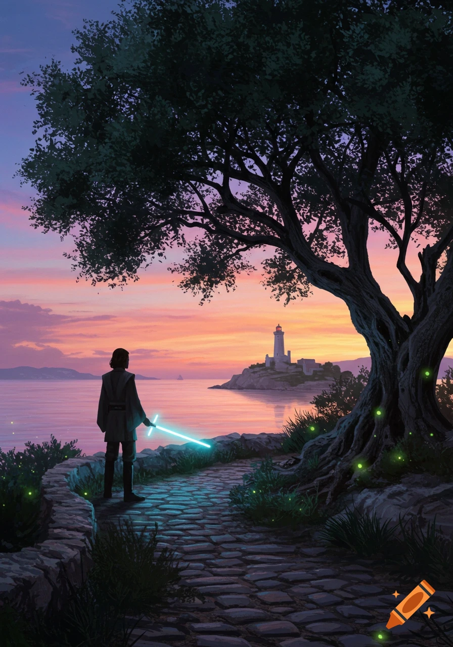 A person with a blue lightsaber stands on a stone path, overlooking a bay with a lighthouse against a sunset sky. A large tree shades the path.