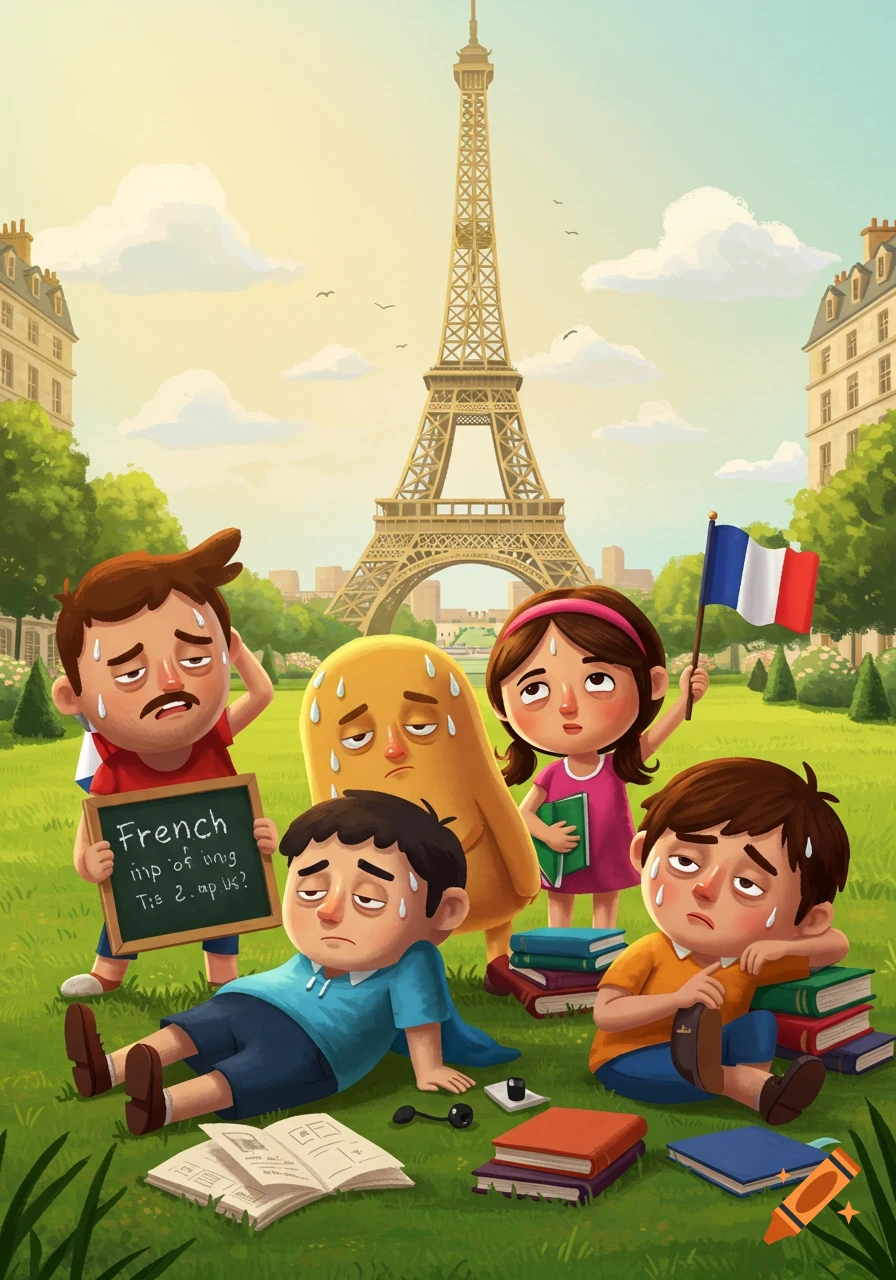 Exhausted cartoon characters resembling Duolingo mascots sweat in a park with the Eiffel Tower in the background, surrounded by books.