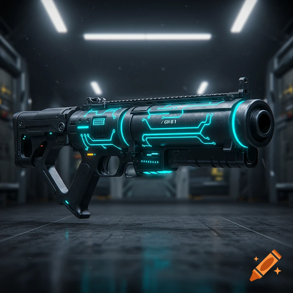 A photorealistic image of a futuristic black grenade launcher with glowing blue circuit patterns, set in a dark, industrial environment.