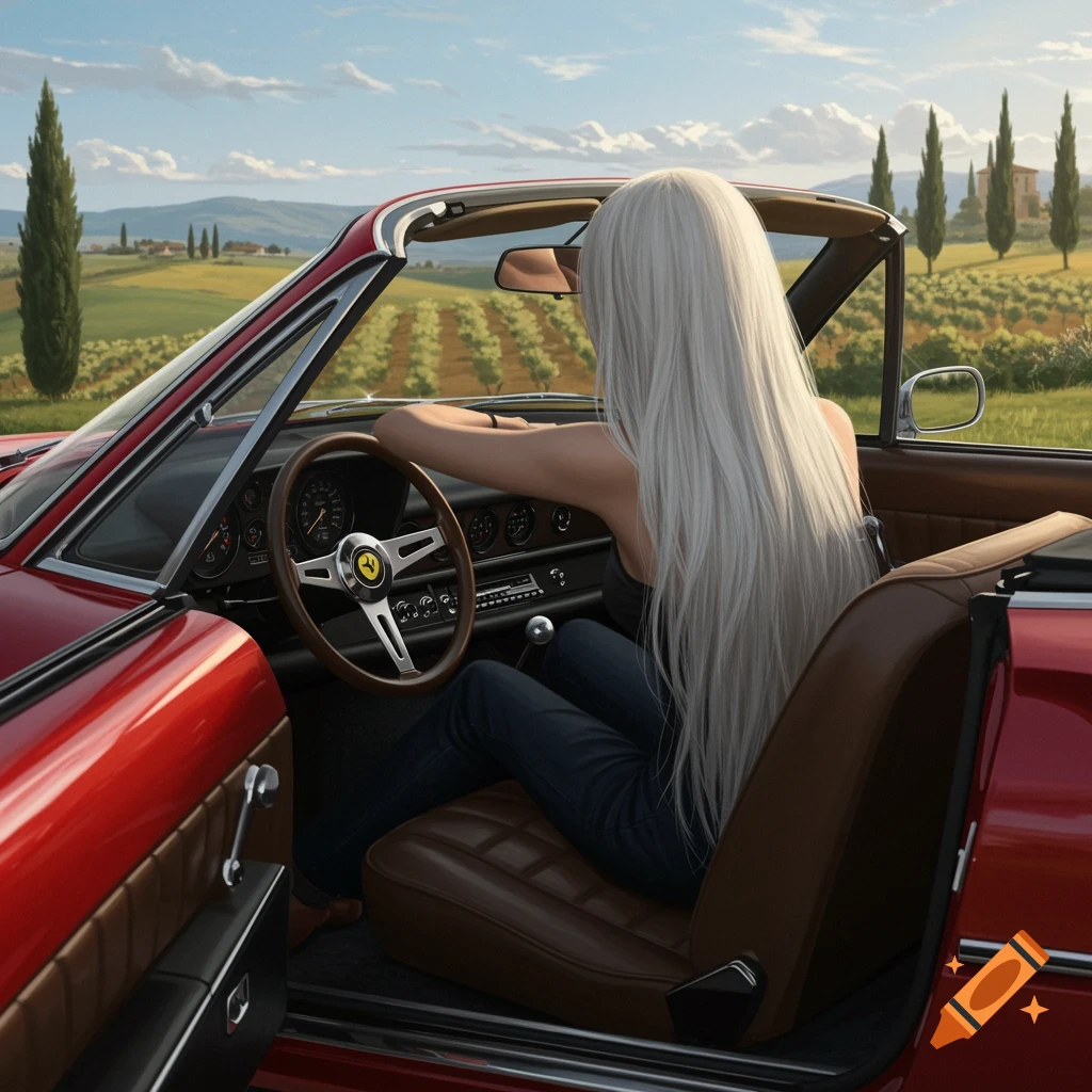 Woman with long white hair driving a red Ferrari convertible through a scenic vineyard landscape under a blue sky.