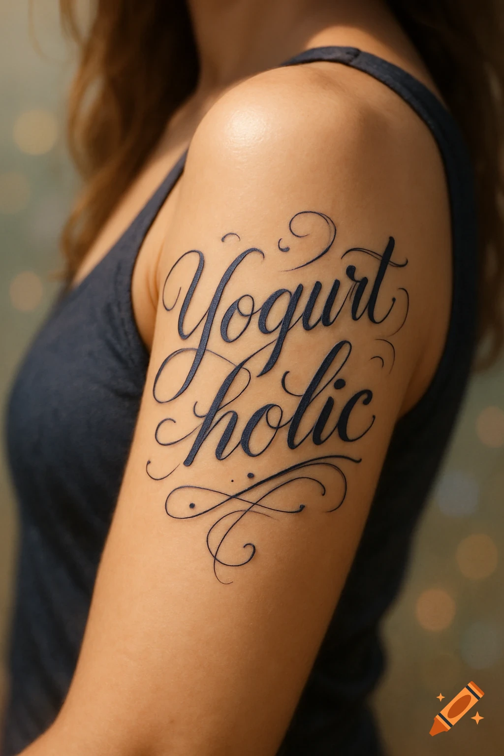 Close-up of a script tattoo reading 'Yogurt holic' on a woman's arm.