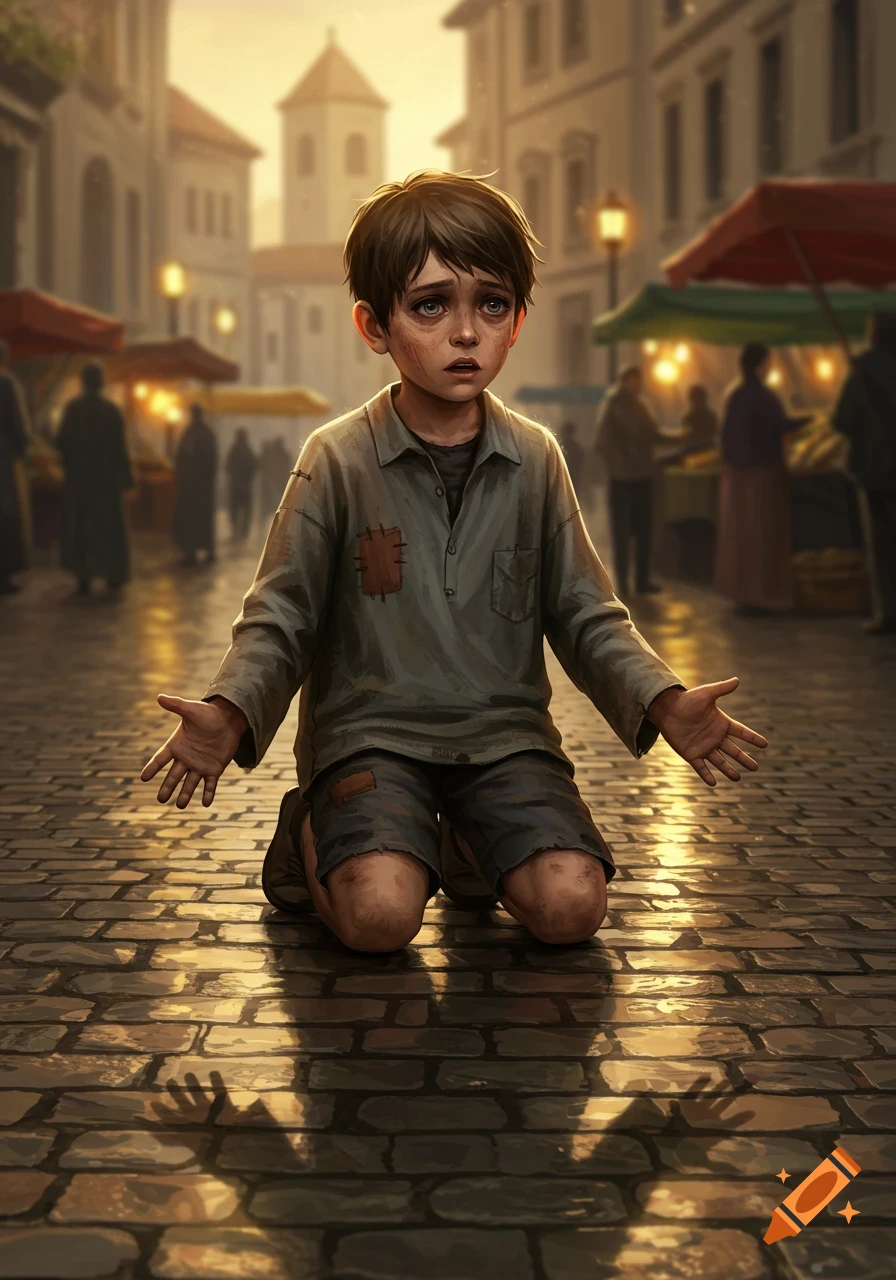 A sad boy with patched clothes kneels on a wet cobblestone street, hands open, looking up in a city market scene at sunset.