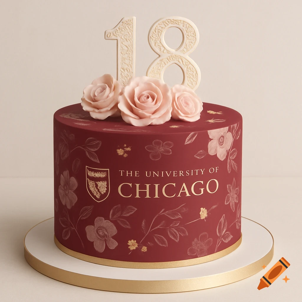 A maroon birthday cake with gold trim and white '18' topper, decorated with pink roses and the University of Chicago logo and text.