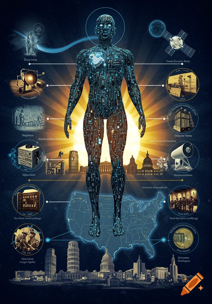 A glowing circuit-board human figure stands over a map of the USA, surrounded by historical inventions, buildings, and space elements, depicting the history of intelligence.