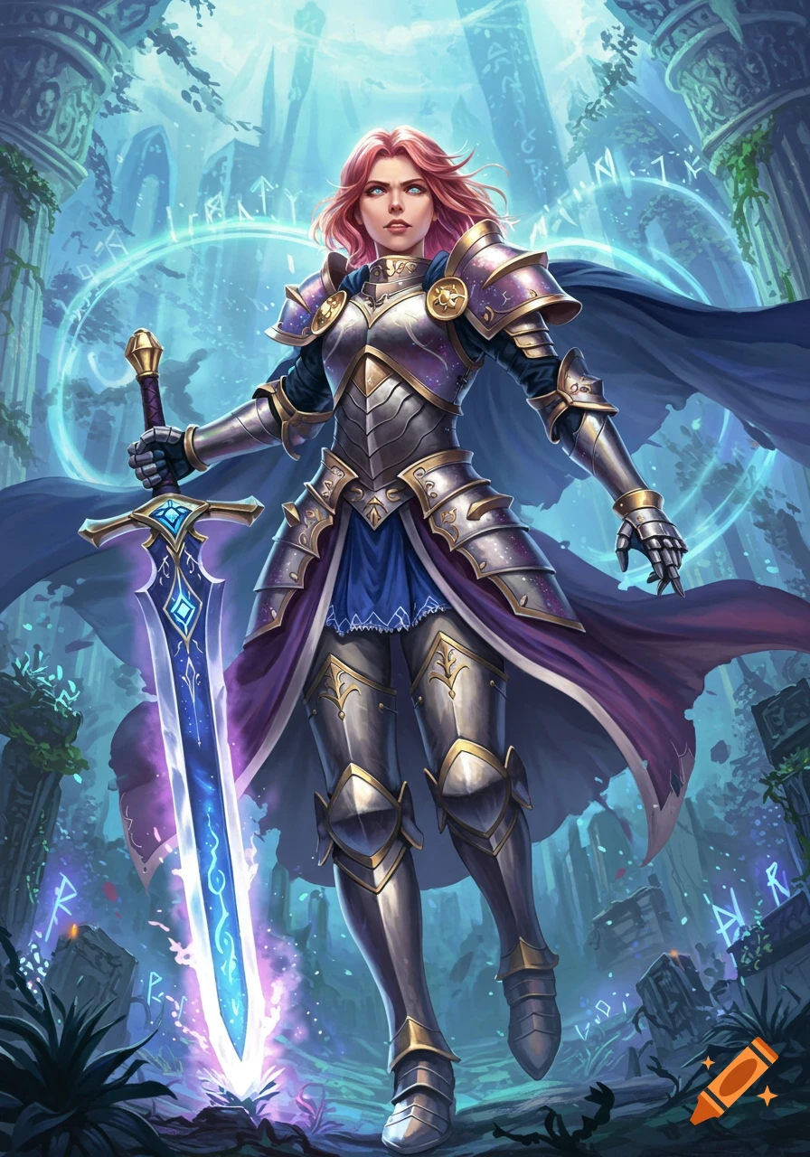 A female warrior with pink hair in ornate silver and gold armor holds a glowing blue sword in ancient ruins with mystical runes.