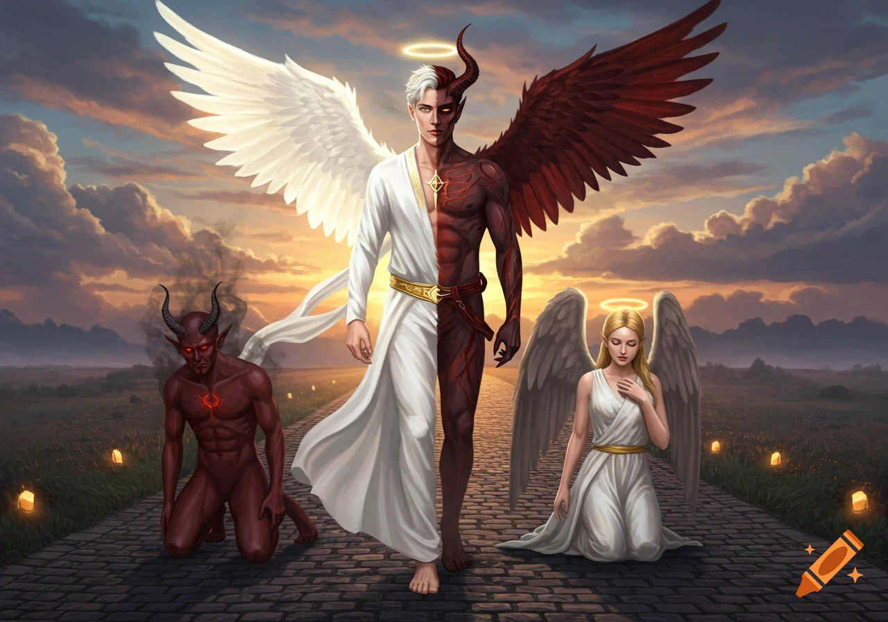 A half-angel half-demon man walks on a path, flanked by a kneeling red demon and a kneeling blonde angel at sunset.