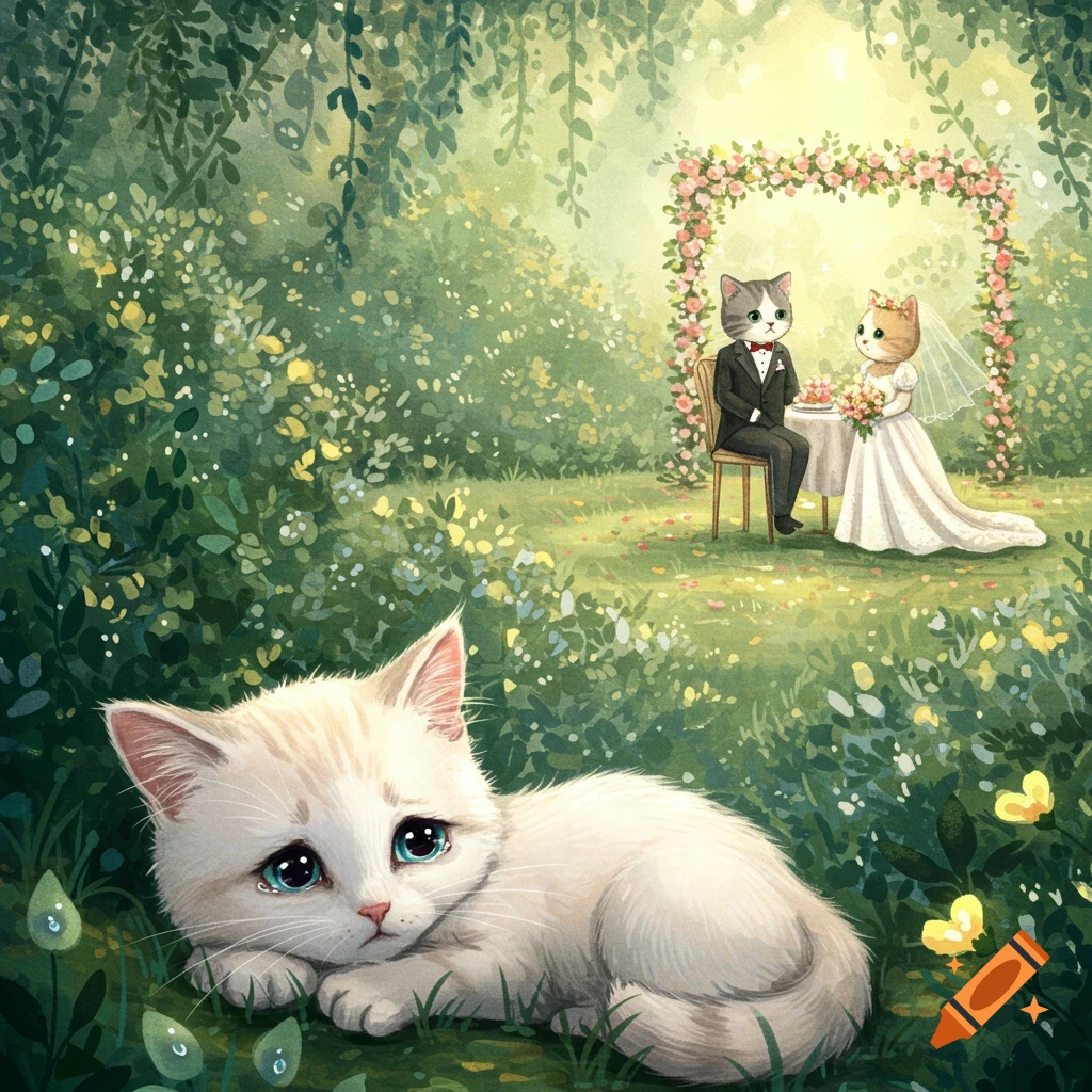 A crying white kitten with blue eyes lies in the foreground while, in the background, two anthropomorphic cats in wedding attire are married in a lush garden.