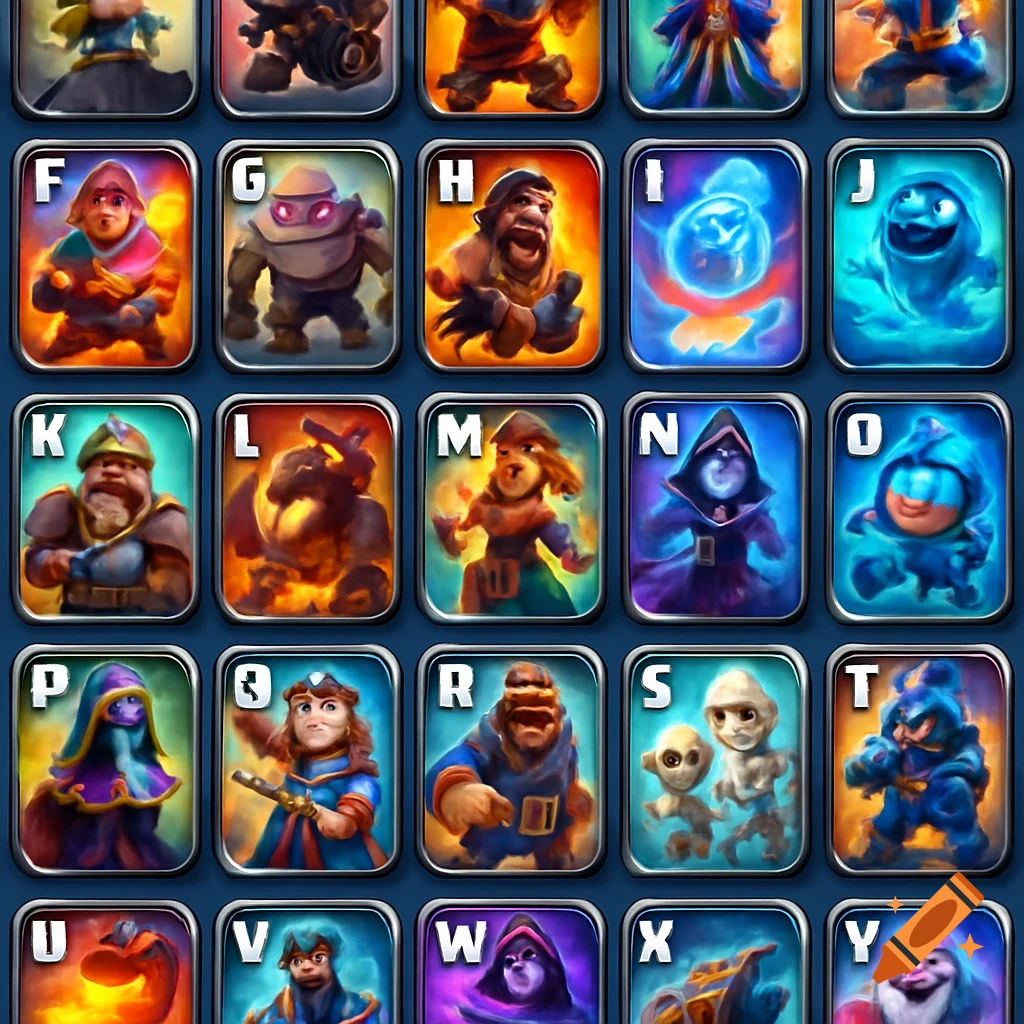 A grid of fantasy-themed game cards, each featuring a different character or creature and a large letter from F to Y in the top left corner.