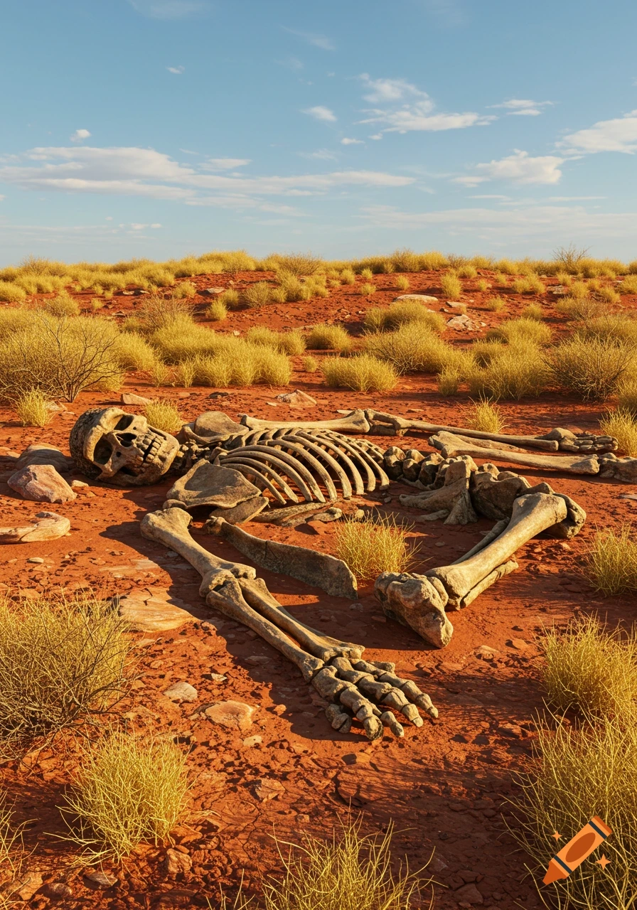 A giant skeleton lies in a vast red desert under a blue sky, surrounded by sparse yellow bushes.