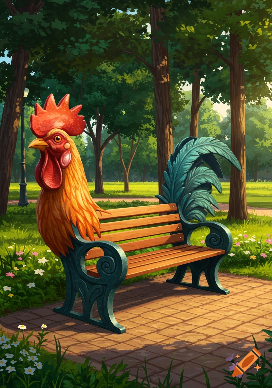 A vibrant, illustrated rooster-shaped park bench sits on a paved path in a sunny park surrounded by green trees, grass, and small flowers.
