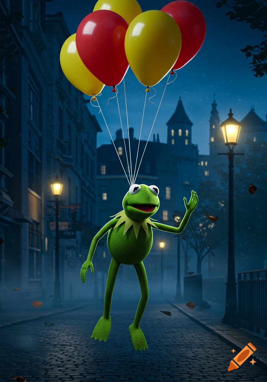 Photorealistic image of Kermit the Frog floating upwards in a dark city street, held by red and yellow balloons.