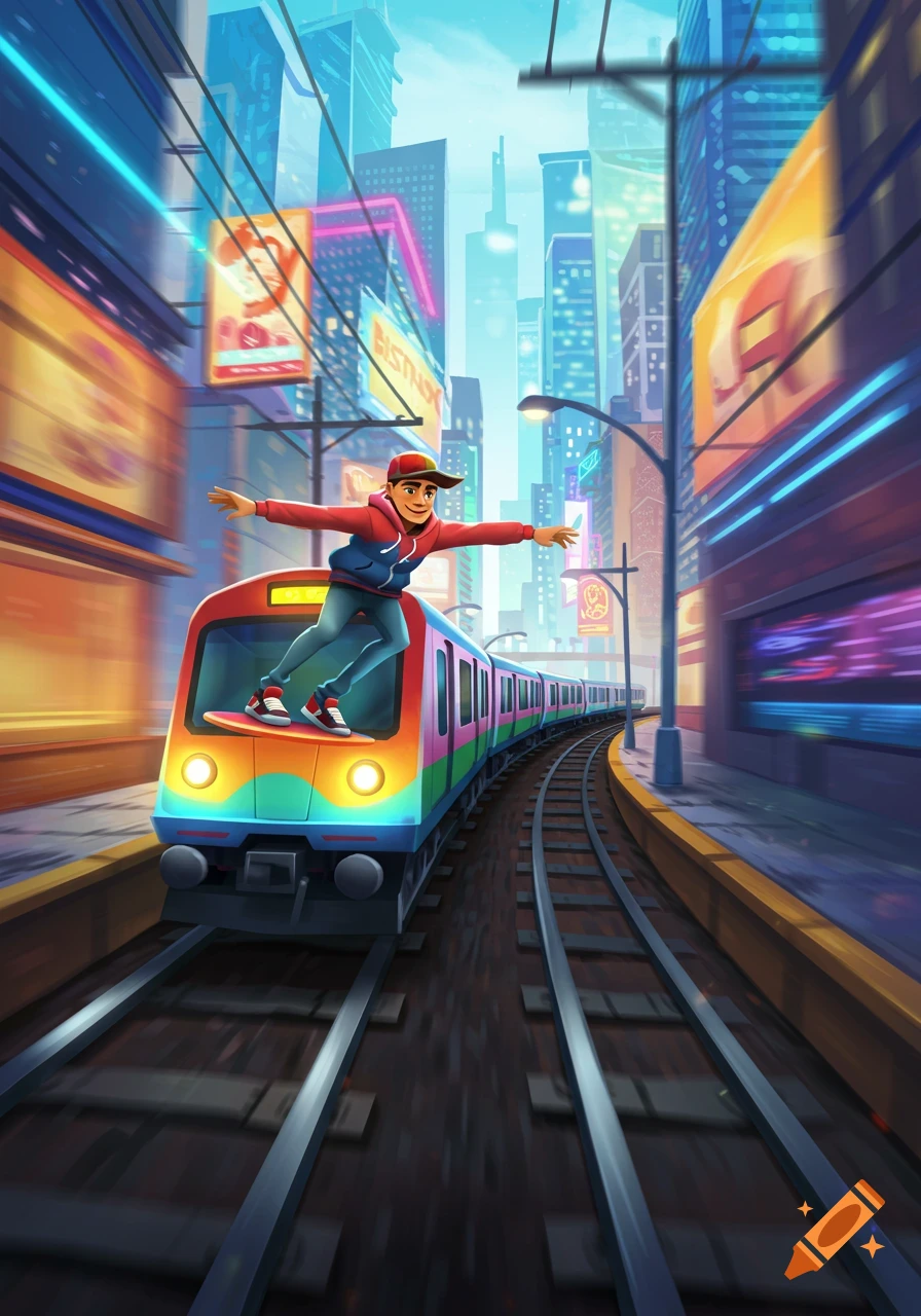 Cartoon boy skateboarding on a colorful train through a neon-lit city at dusk.
