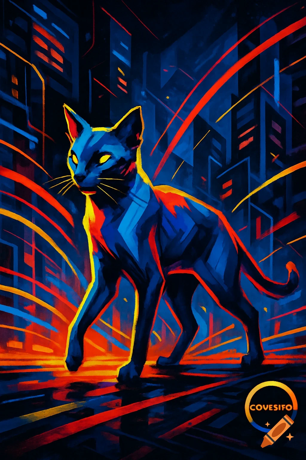 A stylized blue cat with glowing yellow eyes walks through a dark, neon-lit city, depicted in a vibrant, abstract art style.