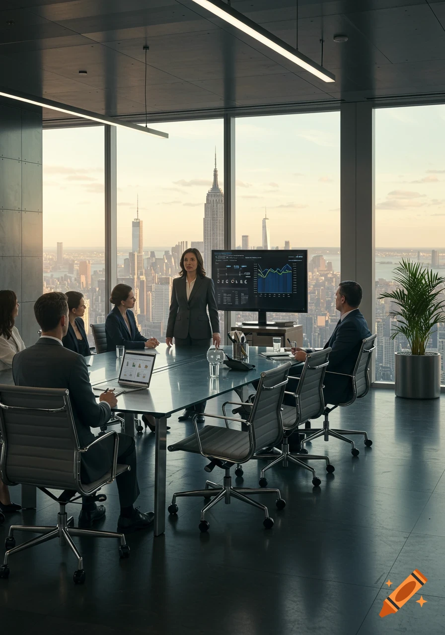 A CEO in a suit leads a board meeting in a modern skyscraper conference room overlooking the New York City skyline at sunset, with a large screen displaying charts.