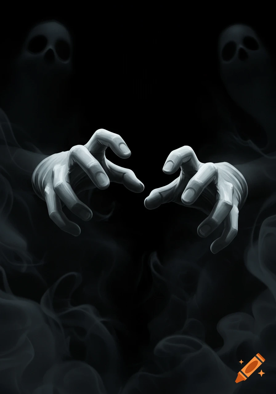 Two pale, spectral hands reach out from dark smoke, with faint ghostly faces in the background, in a spooky illustration.