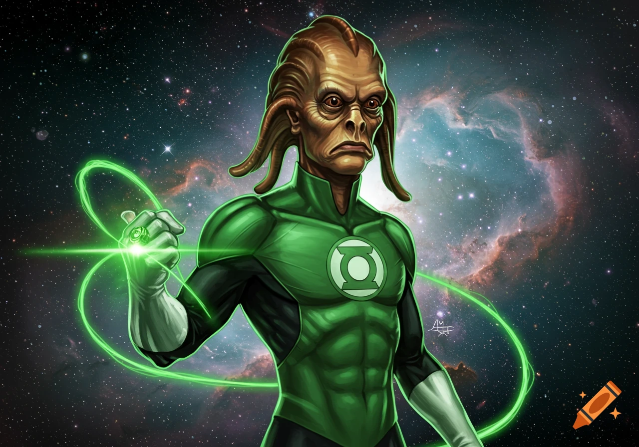 An alien Green Lantern character in a green uniform with a glowing power ring, standing against a cosmic background.