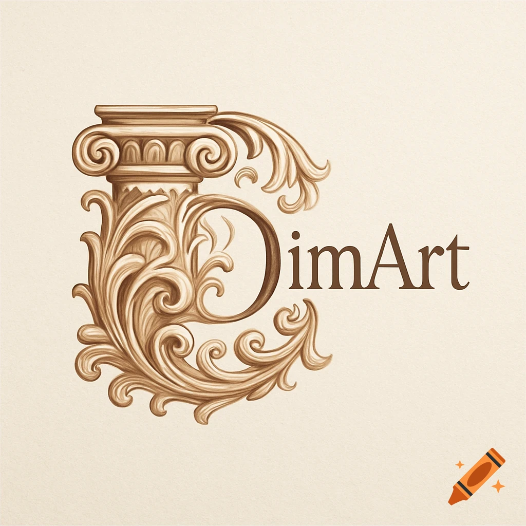 Ornate brown logo featuring a classical column capital and scrollwork forming the letter D, with the text 'DimArt' beside it.