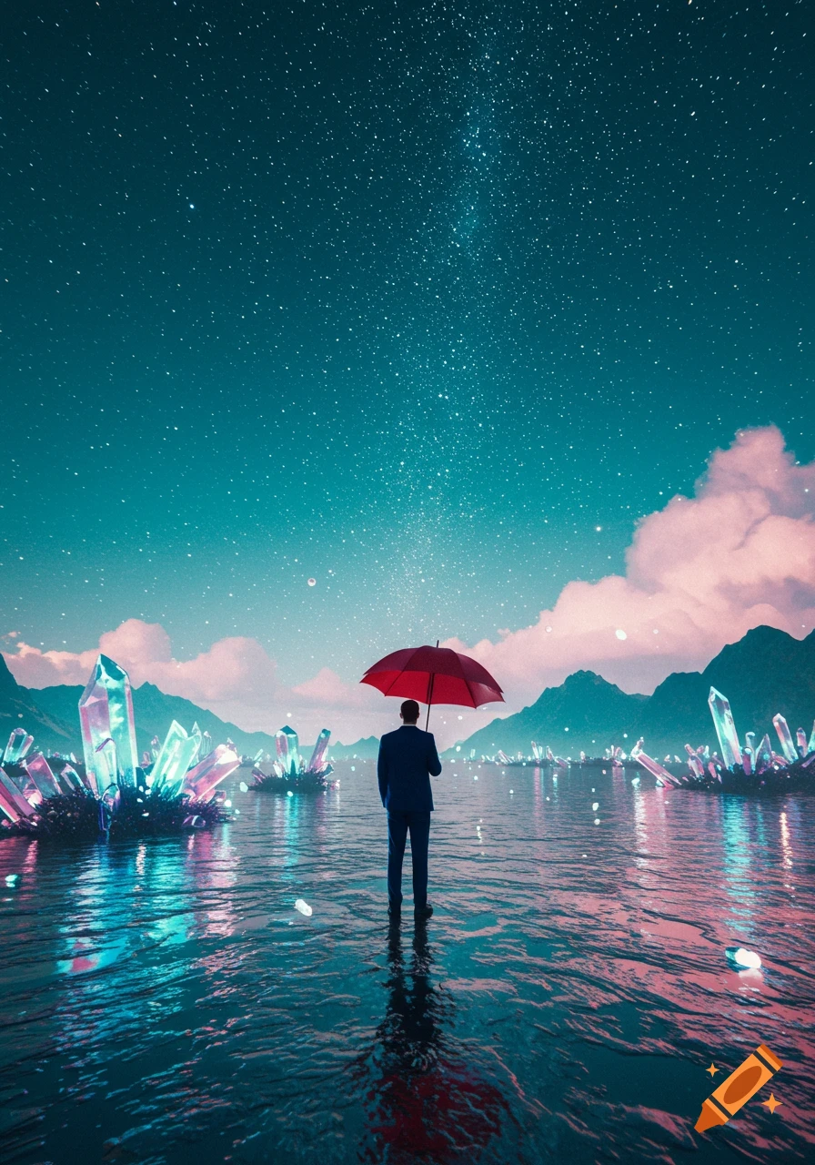 A man in a suit stands in glowing water, holding a red umbrella under a vibrant, starry teal sky with glowing crystals and mountains.