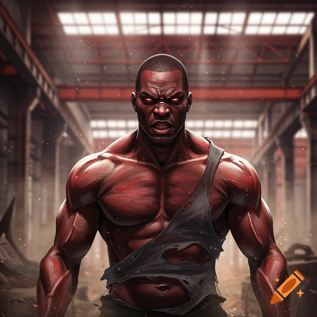 A muscular, angry man with glowing red eyes and reddish skin stands in a torn shirt in a blurred industrial setting, digital art.