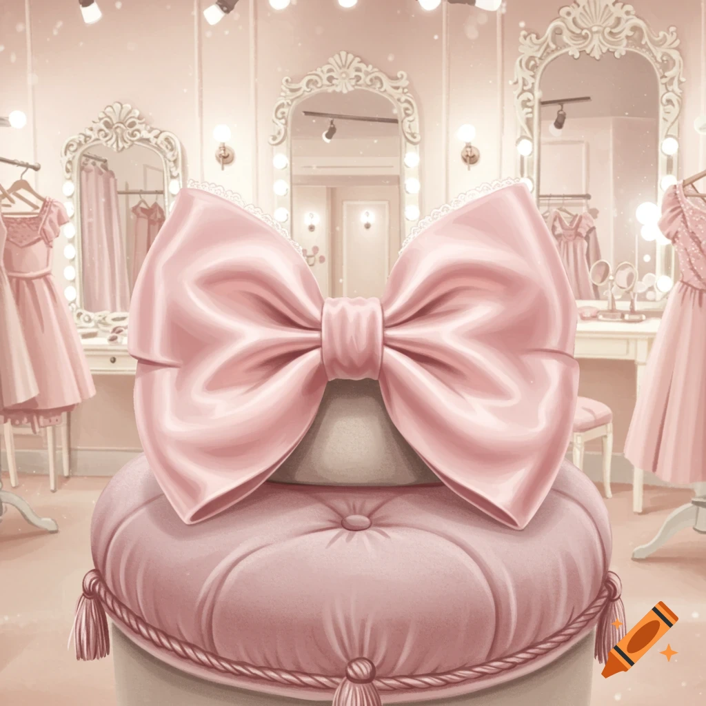 A large pink bow sits on a tufted pink cushion in a soft pink dressing room with lighted vanity mirrors and dresses.