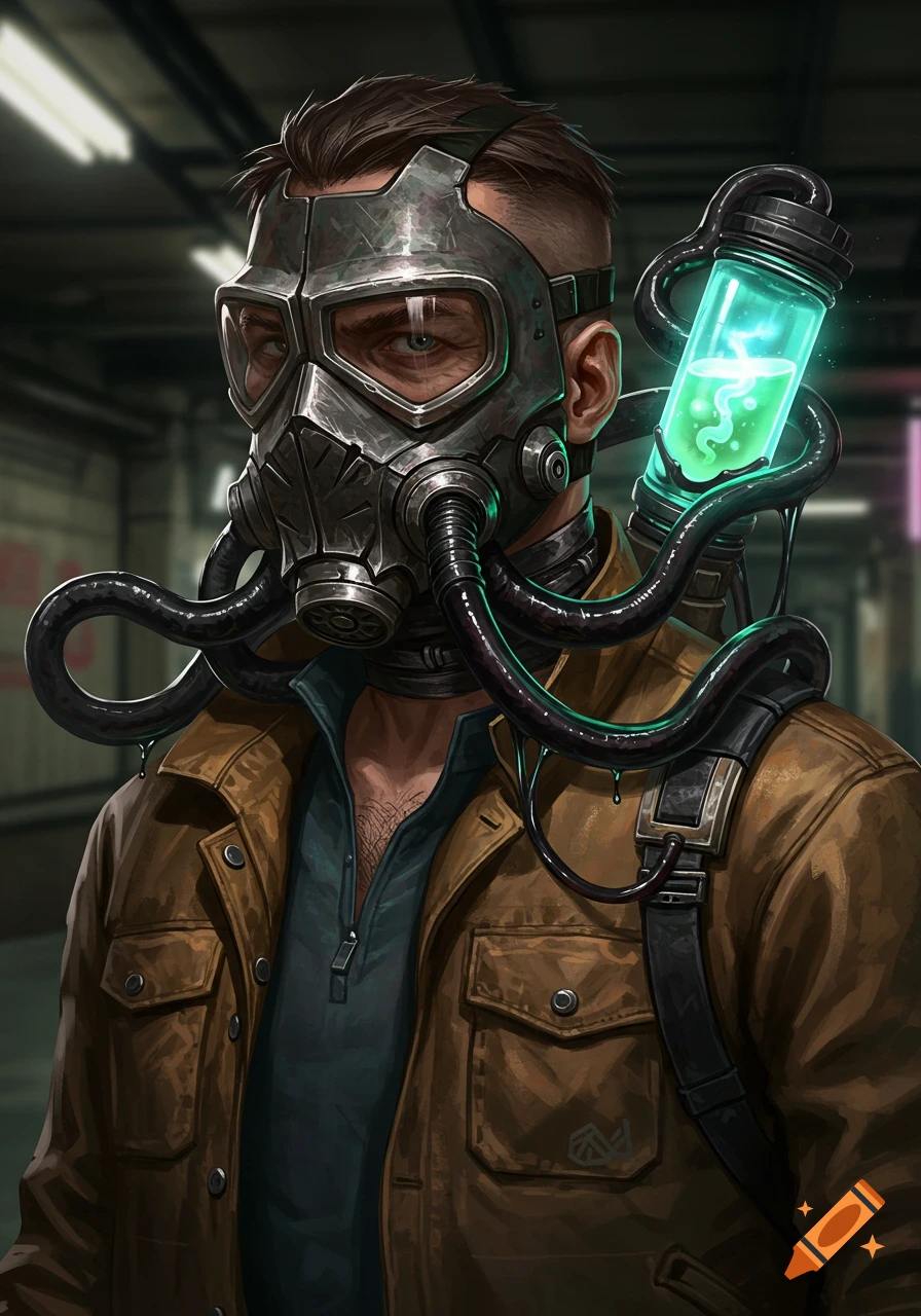 A rugged man in a brown jacket and a detailed metal gas mask, with a glowing green vial and tubes connected to his mask, in a gritty, dystopian style.