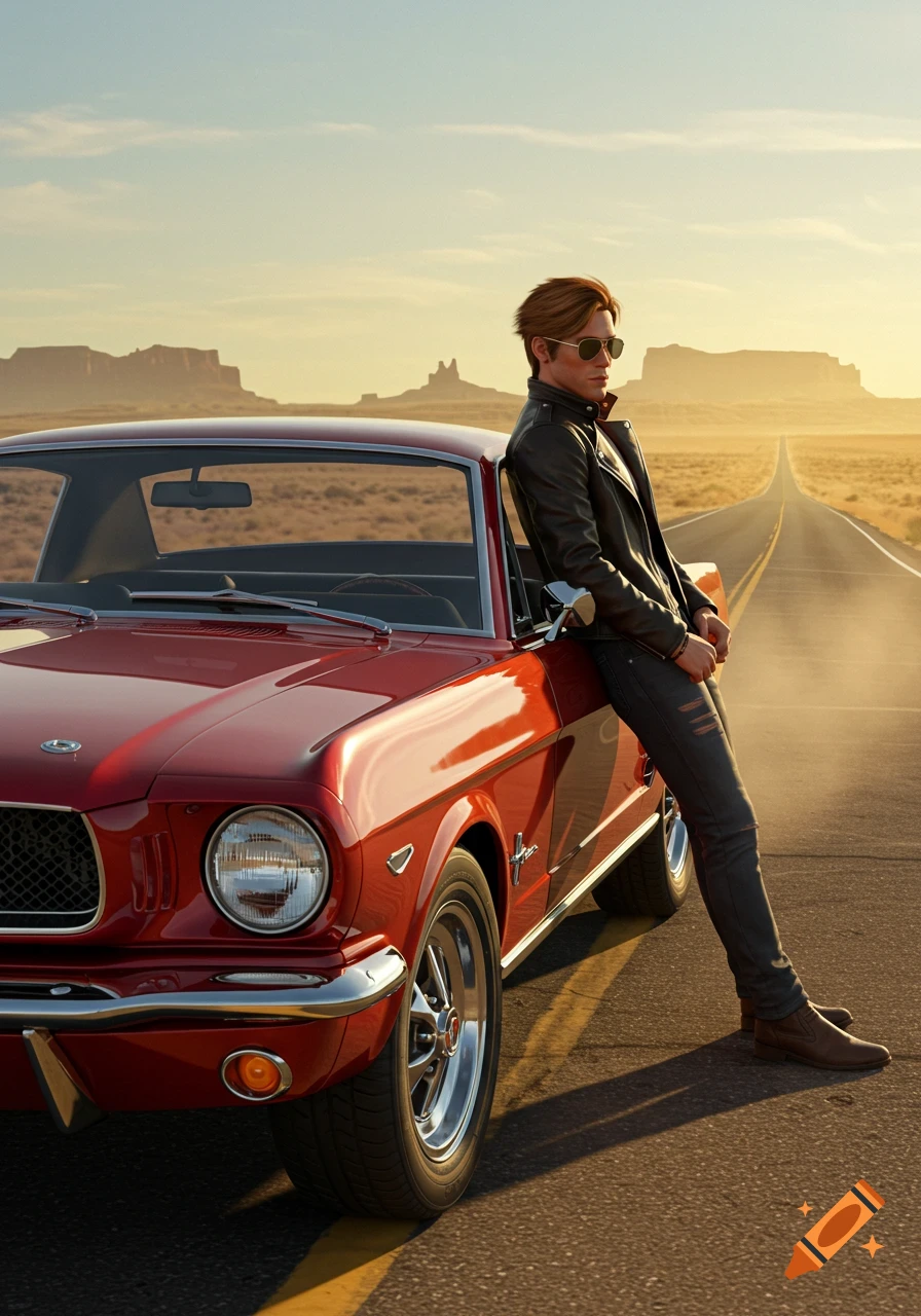 A man in a leather jacket and sunglasses leans on a red vintage Mustang on a desert road at sunset.