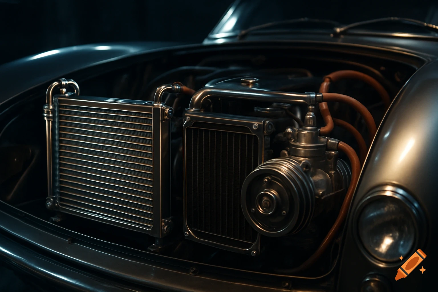 Close-up of a vintage car engine bay, showing the radiator and other metallic components.