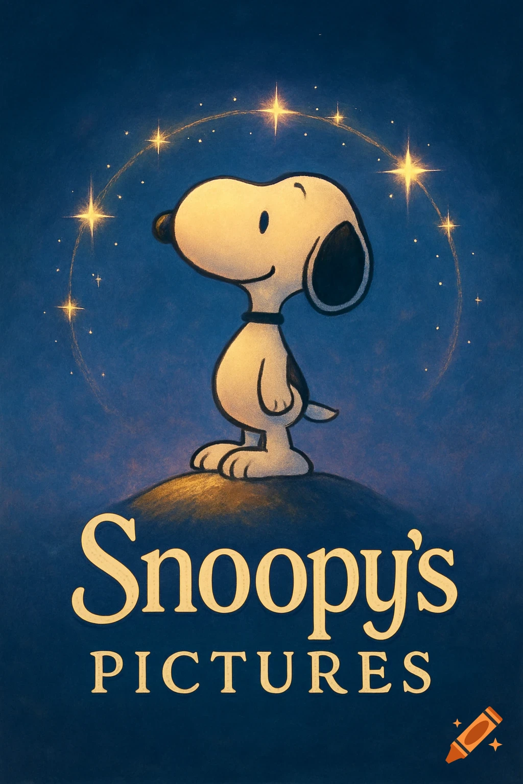 Snoopy standing on a hill with a ring of stars, above the text 'Snoopy's PICTURES' on a blue background.