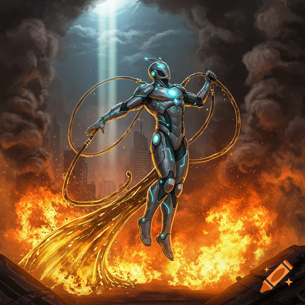 A sci-fi superhero in a glowing suit hovers over a burning city, spraying liquid from golden tubes under a beam of light.