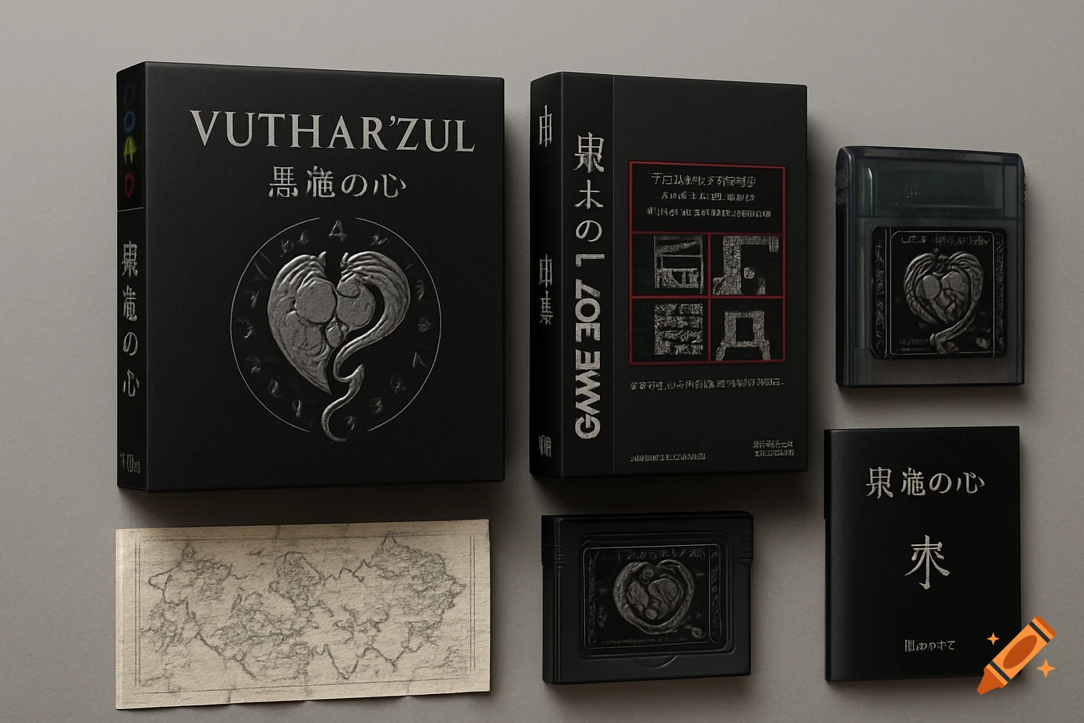 A flat lay of black game packaging and accessories for 'VUTHAR'ZUL', including a large box, a smaller manual, a game cartridge, and a folded map, all against a gray background.