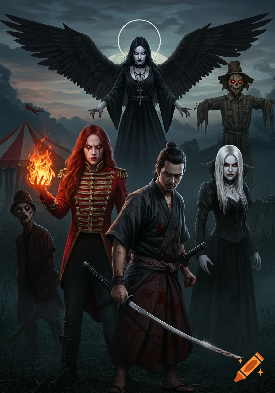 A diverse group of fantasy and horror characters including a dark angel, a sorceress, a samurai, a vampire, a scarecrow, and a zombie under a moonlit sky.