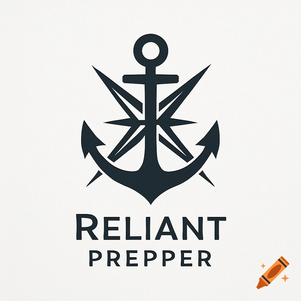 A monochromatic logo featuring a dark anchor with a compass design integrated into its shaft, with the words RELIANT PREPPER below.
