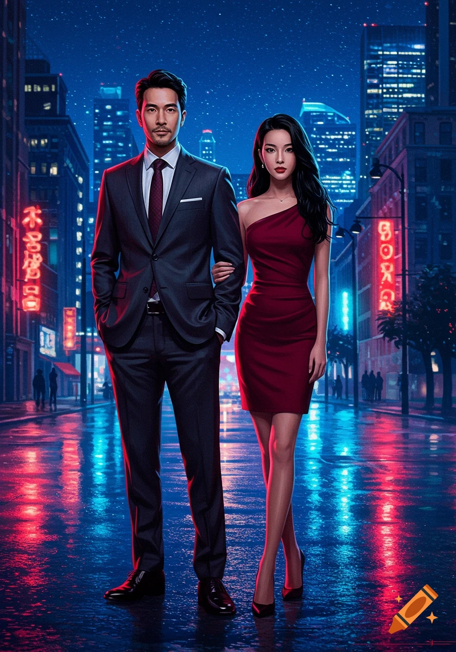 A man in a suit and a woman in a red dress stand on a wet city street at night, with neon lights reflecting on the ground.