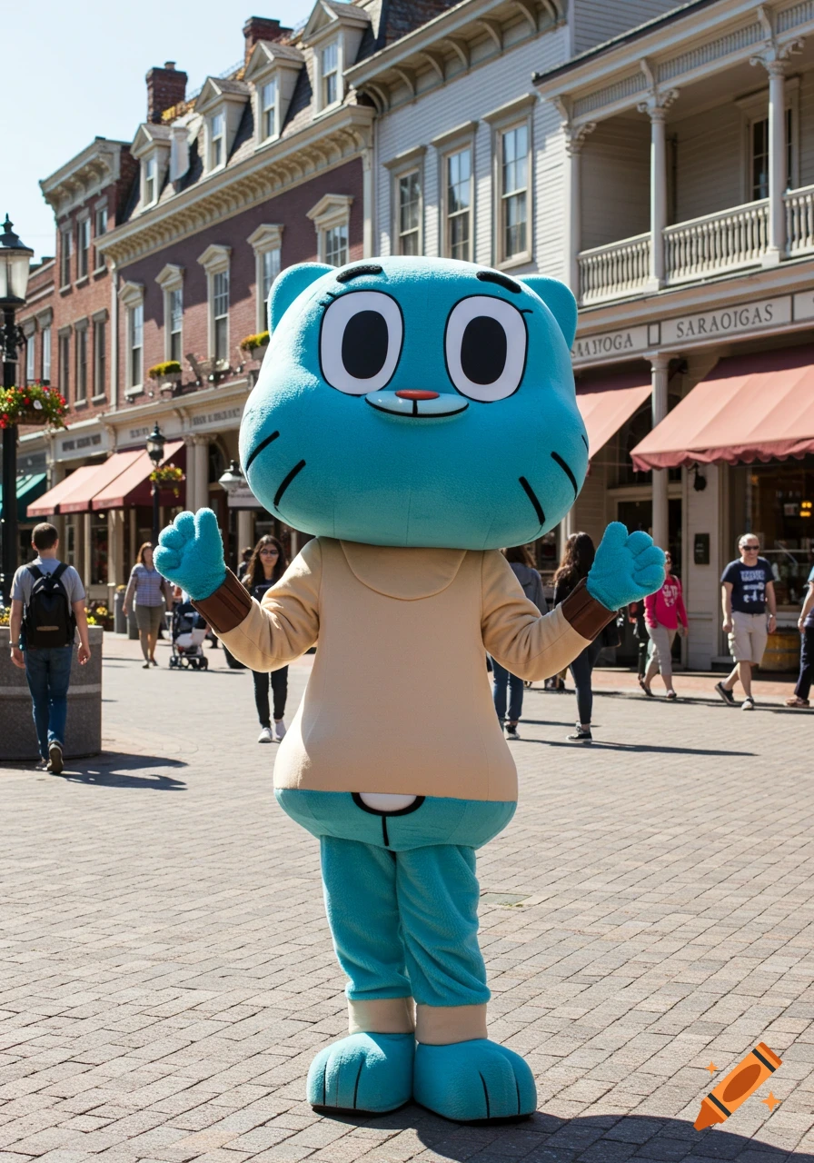 A person in a blue Gumball Watterson mascot costume stands on a paved street in front of historic buildings with storefronts on a sunny day.