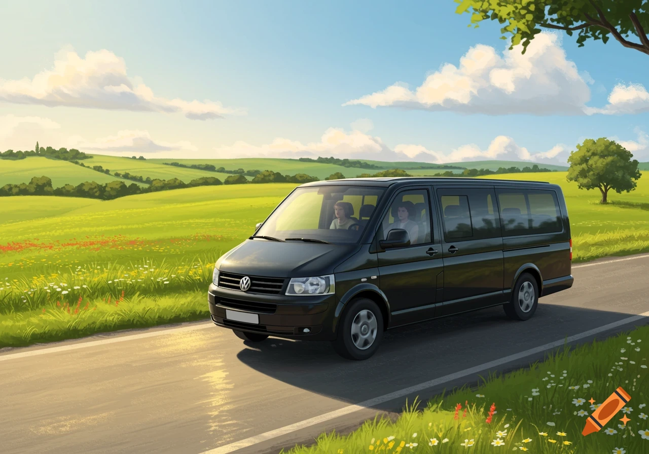 A black van drives along a road through a green, rolling countryside with a bright sky, in an illustrated style.