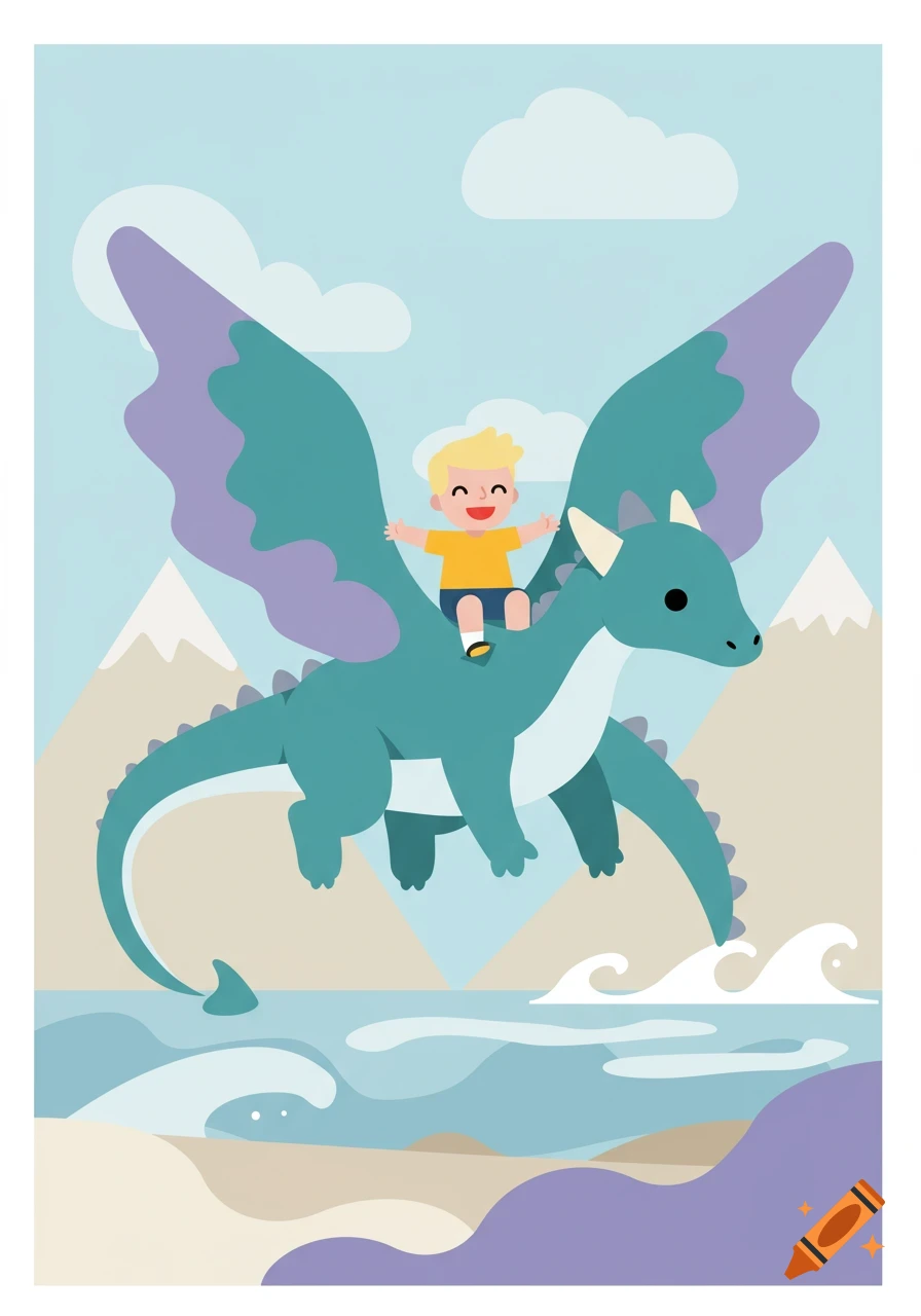 A happy blond boy rides a teal dragon with purple wings flying over an ocean with mountains in the background, in a flat illustration style.
