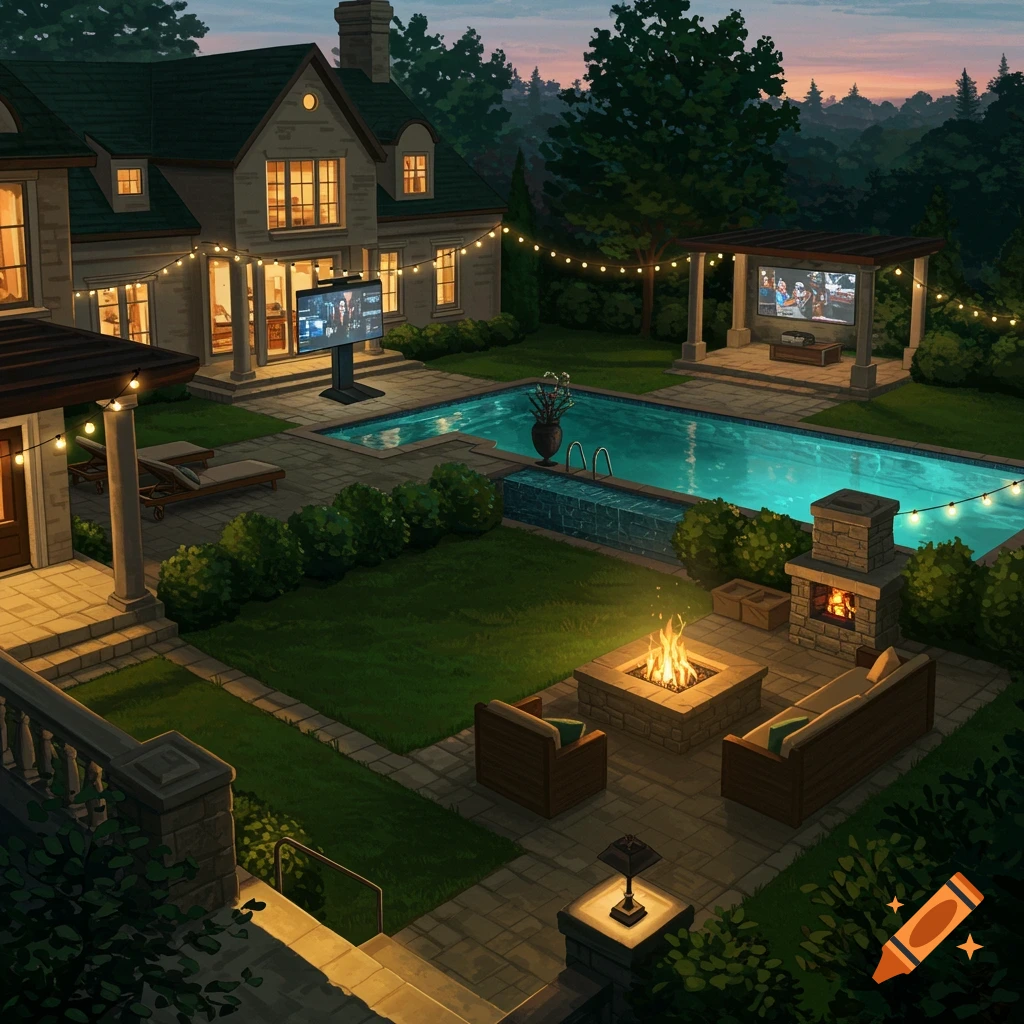 A luxurious mansion backyard at dusk with a large swimming pool, a cozy fire pit with outdoor seating, an outdoor fireplace, and string lights illuminating the area.